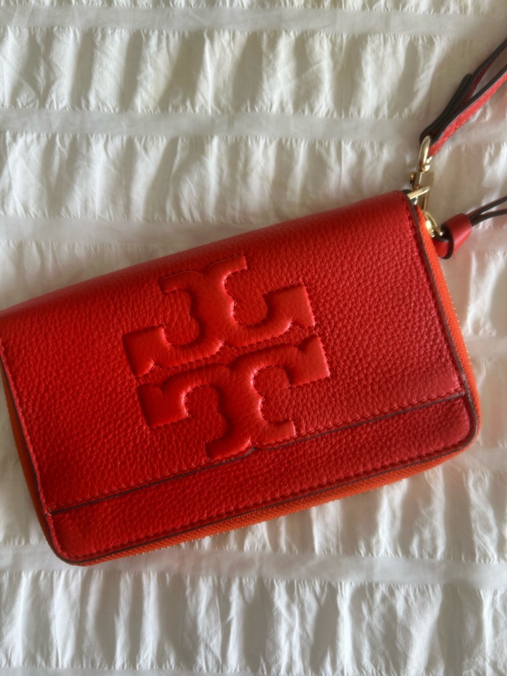 Tory Burch Vibrant Red Embossed Leather Wristlet